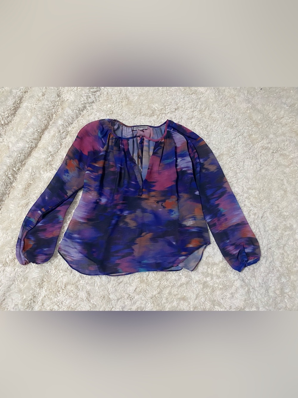 Jennifer Lopez Purple Multi-Print Sheer Long-Sleeve Blouse